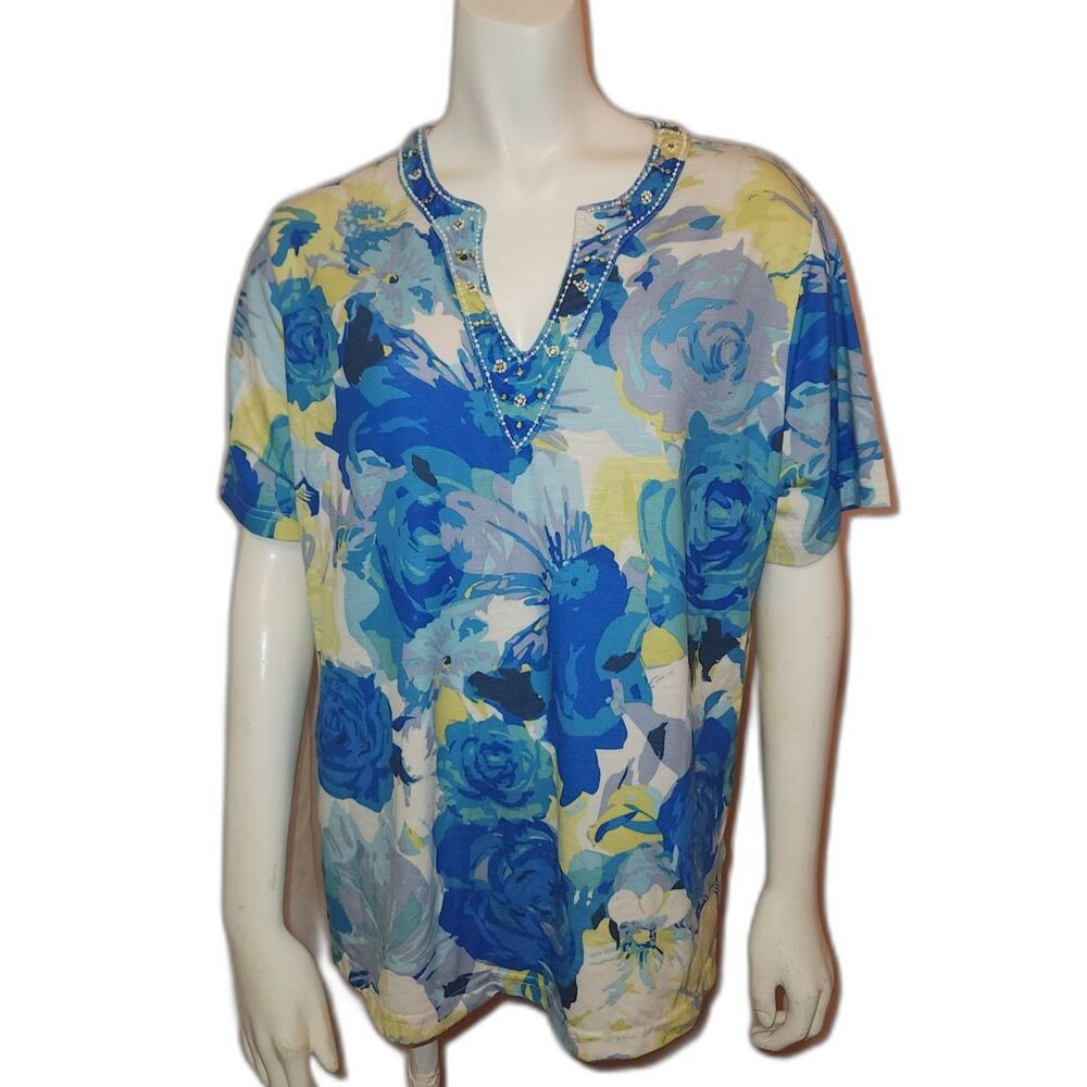 Cathy Daniels Blue Floral Rhinestone Beaded V Neck Top Womens Size Large